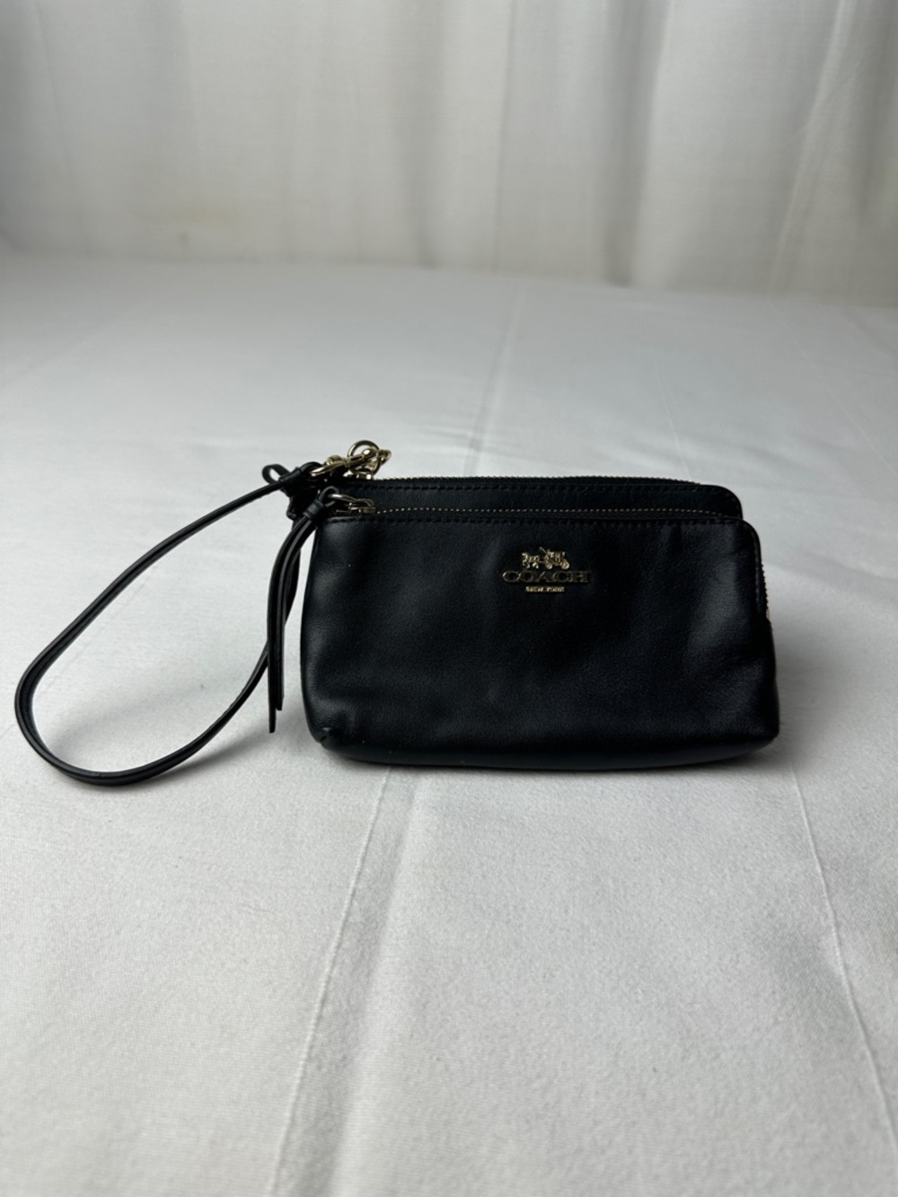 Coach Black Leather Wristlet Pouch with Gold Logo